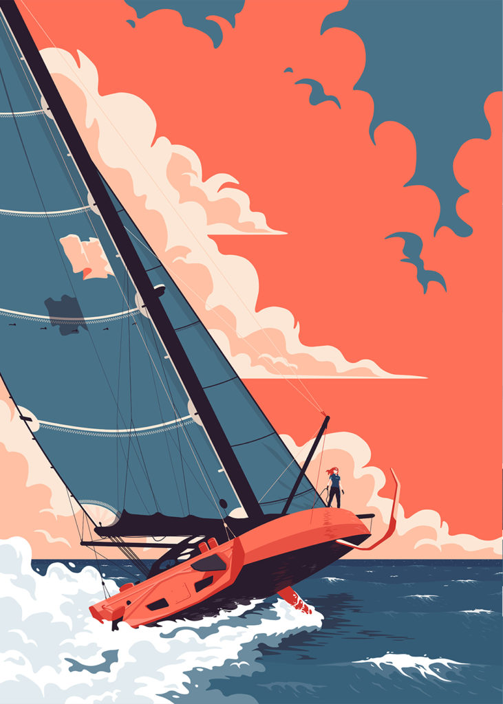 Illustration de voilier en mer. Affiche disponible à la vente.