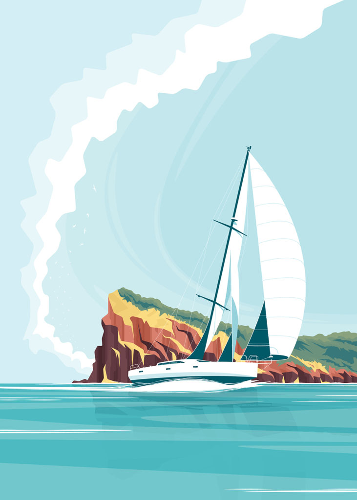 Illustration de voilier en mer devant une île. Affiche disponible à la vente.